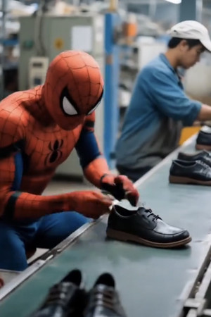 中国のSNS「抖音(ドウイン)」に投稿された、スパイダーマンが工場で作業している動画(抖音の誰比※王※の投稿より〈※=リッシンベンに董〉)