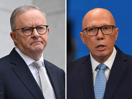 オーストラリアのアルバニージー首相(左)と保守連合を率いるダットン自由党党首(EPA時事)