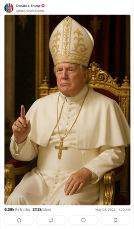 トランプ米大統領が自身のSNSアカウントに投稿したローマ教皇に扮(ふん)した画像(SNS「トゥルース・ソーシャル」から)