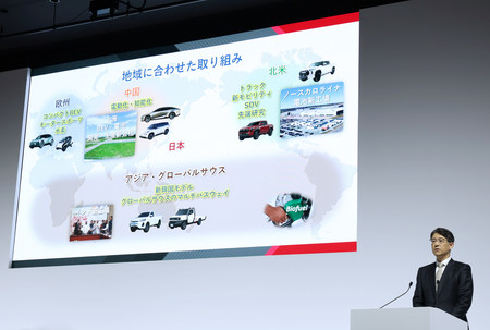 決算記者会見で発言するトヨタ自動車の佐藤恒治社長=8日午後、東京都中央区