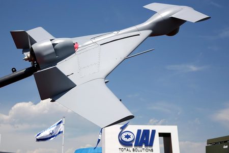 2013年のパリ航空ショーに展示されたイスラエル製無人機ハロップ(EPA時事)