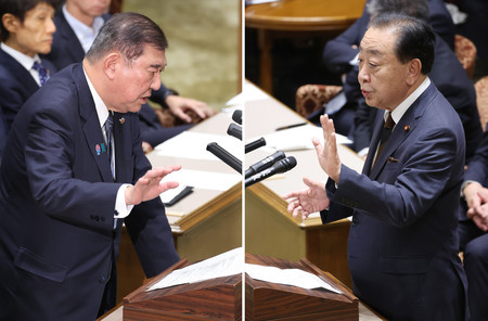 党首討論に臨む立憲民主党の野田佳彦代表（写真右）と石破茂首相＝２１日午後、国会内