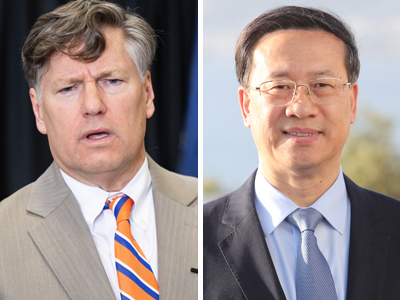 ランドー米国務副長官(写真左、AFP時事)と中国の馬朝旭外務次官(EPA時事)