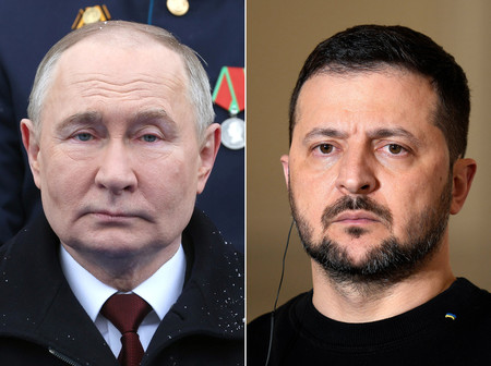 ロシアのプーチン大統領（左）とウクライナのゼレンスキー大統領（ＡＦＰ時事）