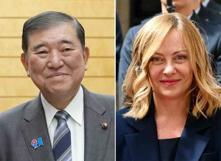 写真左から石破茂首相とイタリアのメローニ首相（ＡＦＰ時事）