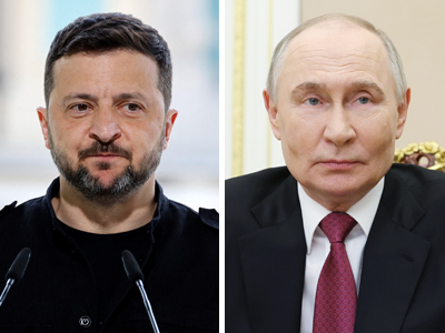 ウクライナのゼレンスキー大統領(写真左、AFP時事)とロシアのプーチン大統領(EPA時事)