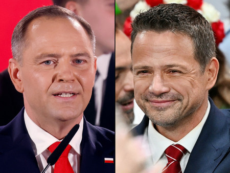 ポーランド大統領選で争う右派野党「法と正義」が支援するナブロツキ氏(左)と、与党の中道「市民プラットフォーム」が擁立したチャスコフスキ氏(AFP時事)