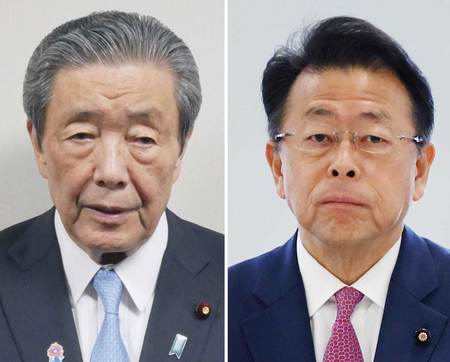 自民党の森山裕幹事長(写真左)と公明党の西田実仁幹事長
