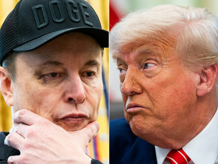 米実業家イーロン・マスク氏(左)とトランプ大統領(AFP時事)