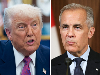 トランプ米大統領(写真左、EPA時事)とカナダのカーニー首相(AFP時事)