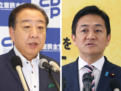立憲民主党の野田佳彦代表(写真左)と国民民主党の玉木雄一郎代表