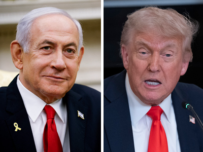 イスラエルのネタニヤフ首相(写真左、AFP時事)とトランプ米大統領(EPA時事)