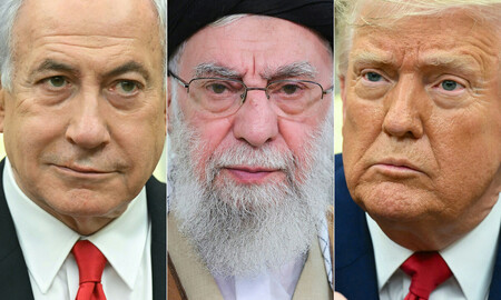 イスラエルのネタニヤフ首相(左)、イラン最高指導者ハメネイ師(中央)、トランプ米大統領(右)(ハメネイ師はイラン最高指導者ウェブサイトより、AFP時事)