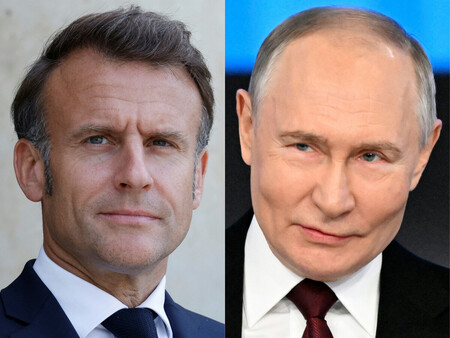 フランスのマクロン大統領(左)とロシアのプーチン大統領(AFP時事)