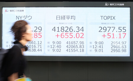 約1年ぶりの高値に終わった日経平均株価と、過去最高値を更新した東証株価指数(TOPIX)を示すモニター=24日午後、東京都中央区