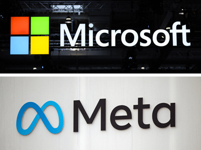 米マイクロソフト(写真上)とメタのロゴマーク(いずれもAFP時事)