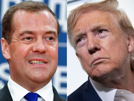ロシアのメドベージェフ前大統領（左）とトランプ米大統領（ＡＦＰ時事）