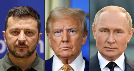 (左から)ウクライナのゼレンスキー大統領、トランプ米大統領、ロシアのプーチン大統領(AFP時事)