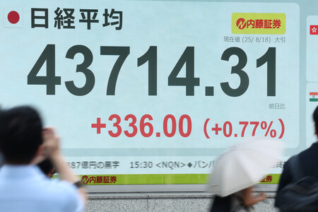 史上最高値を更新した日経平均株価の終値を示すモニター＝１８日午後、東京都中央区