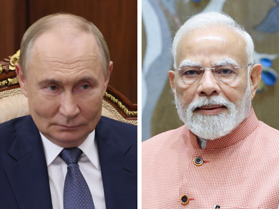 ロシアのプーチン大統領（写真左、ＥＰＡ時事）とインドのモディ首相（ＡＦＰ時事）