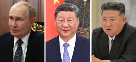 (写真左から)ロシアのプーチン大統領、中国の習近平国家主席、北朝鮮の金正恩朝鮮労働党総書記(EPA時事)
